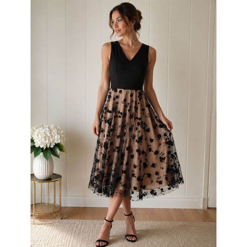 Black Nude Illusion Floral Mesh Midi Dress Sleeveless Fit & Flare Romantic XL